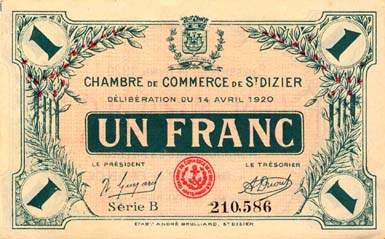 Billet de la Chambre de Commerce de Saint-Dizier - 1 franc - délibération du 14 avril 1920