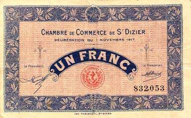 Billet de la Chambre de Commerce de Saint-Dizier - 1 franc - délibération du 7 novembre 1917
