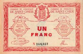 Billet de la Chambre de Commerce de Saint-Omer - 1 franc - numéro 249,857