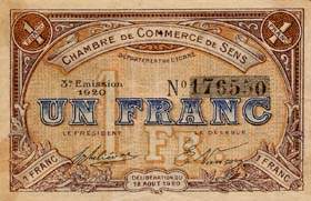 Billet de la Chambre de Commerce de Sens - 1 franc - délibération du 12 août 1920 - 3ème émission