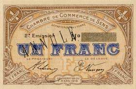 Billet de la Chambre de Commerce de Sens - 1 franc - délibération du 7 mars 1916 - 2ème émission - spécimen annulé