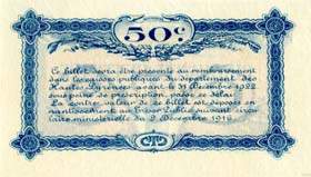 Billet de la Chambre de Commerce de Tarbes - 50 centimes - délibération du 7 février 1915 - série III - spécimen annulé