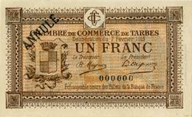 Billet de la Chambre de Commerce de Tarbes - 1 franc - délibération du 7 février 1915 - spécimen annulé