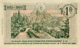 Billet de la Chambre de Commerce de Tarbes - 1 franc - délibération du 7 février 1915 - spécimen annulé