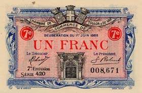 Billet de la Chambre de Commerce de Toulon & du Var - 1 franc - délibération du 1er juin 1922 - 7ème émission - série 420