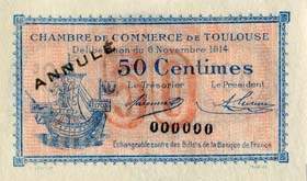 Billet de la Chambre de Commerce de Toulouse - 50 centimes - délibération du 6 novembre 1914 - sans série - spécimen annulé 000000