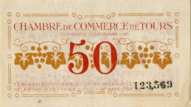 Billet de la Chambre de Commerce de Tours - 50 centimes - 3e mission - 27 dcembre 1920 - n 123,569