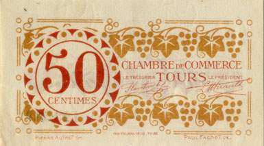 Billet de la Chambre de Commerce de Tours - 50 centimes - 3e mission - 27 dcembre 1920 - n 123,569