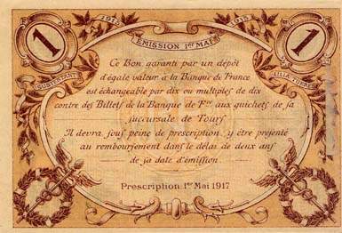 Billet de la Chambre de Commerce de Tours - 1 franc - mission du 1er mai 1915