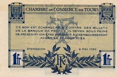 Billet de la Chambre de Commerce de Tours - 1 franc - 2e émission - 8 mai 1920 - n°144