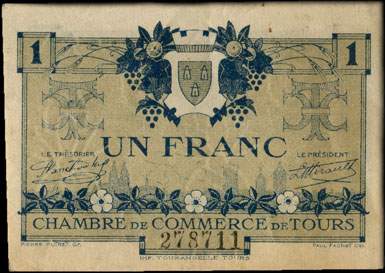 Billet de la Chambre de Commerce de Tours - 1 franc - 2e émission - 8 mai 1920 - n°278711
