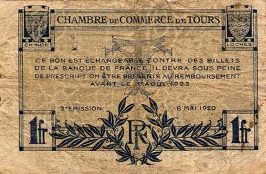 Billet de la Chambre de Commerce de Tours - 1 franc - 2e émission - 8 mai 1920 - n°21095