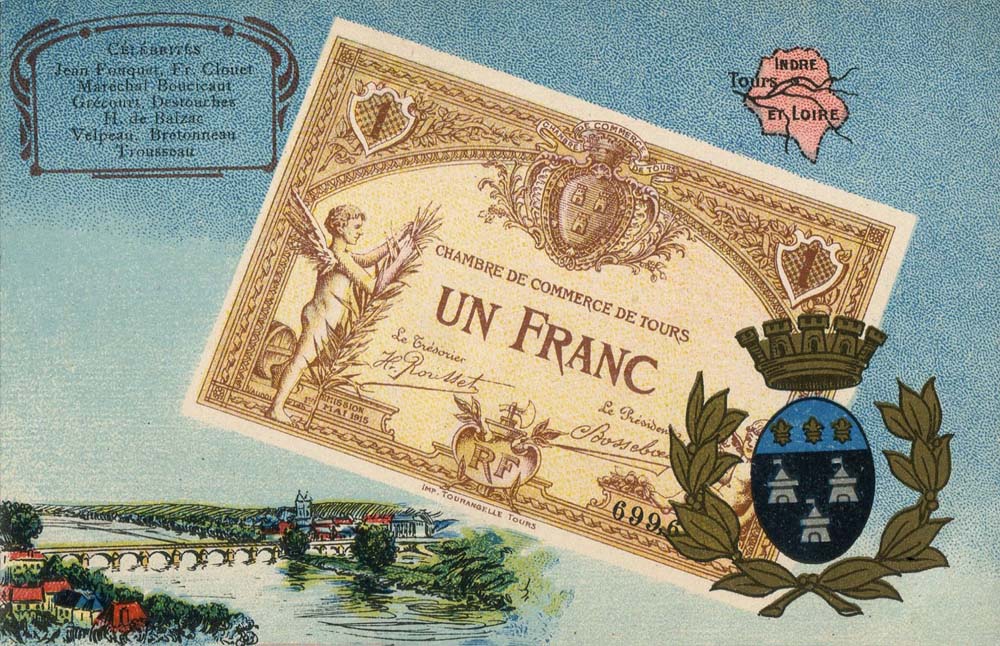 Carte postale représentant un billet de 1 franc de la Chambre de Commerce de Tours
