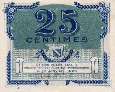 Billet de la Chambre de Commerce de Troyes - 25 centimes - sans numéro d'émission - n°457,433
