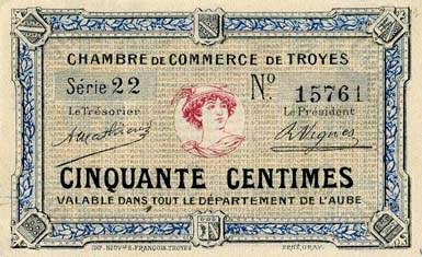 Billet de la Chambre de Commerce de Troyes - 50 centimes avec trait dans le bas du cercle entourant Mercure - série 22