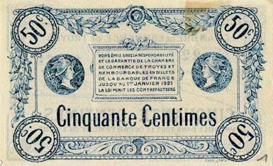 Billet de la Chambre de Commerce de Troyes - 50 centimes avec trait dans le bas du cercle entourant Mercure - série 22