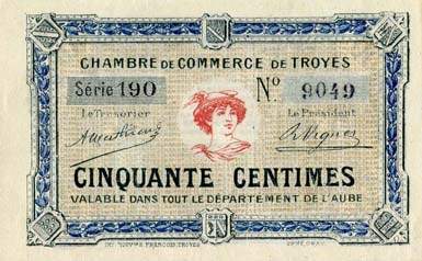 Billet de la Chambre de Commerce de Troyes - 50 centimes - 4e émission - série 190