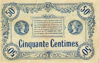 Billet de la Chambre de Commerce de Troyes - 50 centimes sans trait dans le bas du cercle entourant Mercure - série 66