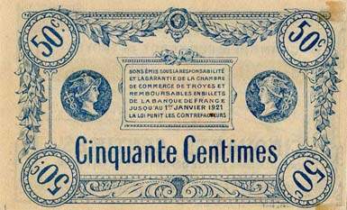 Billet de la Chambre de Commerce de Troyes - 50 centimes sans trait dans le bas du cercle entourant Mercure - série 70