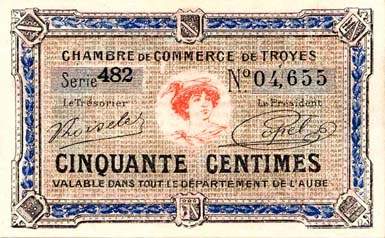 Billet de la Chambre de Commerce de Troyes - 50 centimes - 7e émission - série 482
