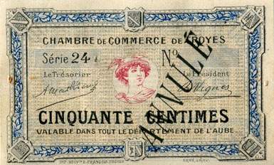 Billet de la Chambre de Commerce de Troyes - 50 centimes - série 24 - spécimen avec cercle dans le bas du buste