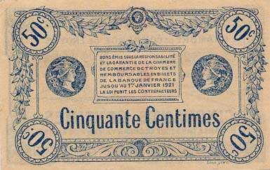 Billet de la Chambre de Commerce de Troyes - 50 centimes sans trait dans le bas du cercle entourant Mercure