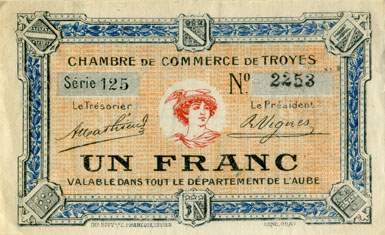 Billet de la Chambre de Commerce de Troyes - 1 franc - 4e émission - série 125 - n° 2253