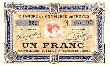 Billet de la Chambre de Commerce de Troyes - 1 franc - 7e émission - série 521