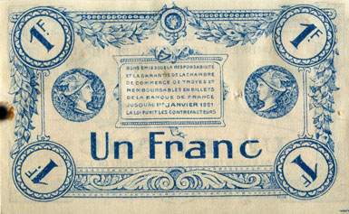 Billet de la Chambre de Commerce de Troyes - 1 franc - série 5 - spécimen avec cercle dans le bas du buste