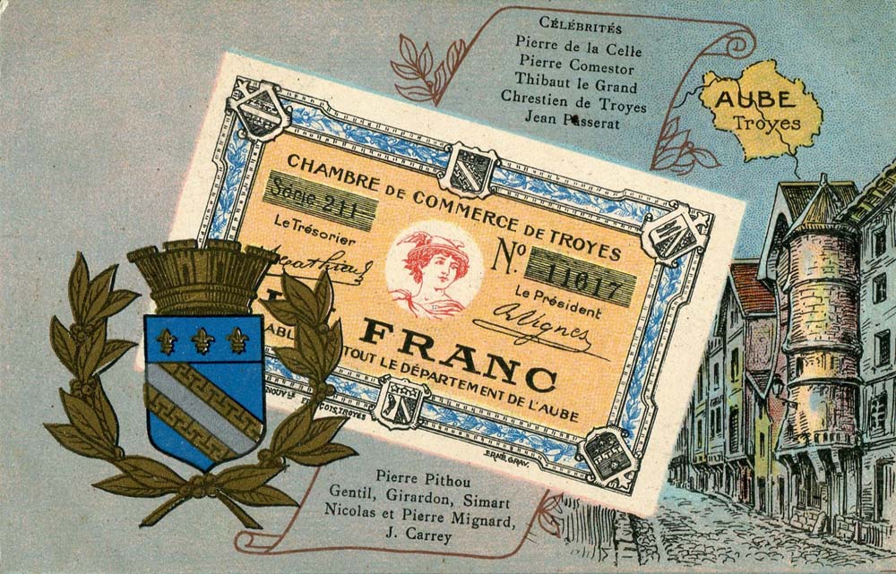 Carte postale représentant un billet de 1 franc - série 211 - n° 11017 - de la Chambre de Commerce de Troyes