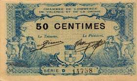 Billet de la Chambre de Commerce de Valence - 50 centimes - 23 février 1915 - valeur en noir