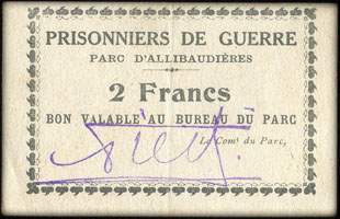 Prisonniers de Guerre - Parc d'Allibaudières - 2 francs - face
