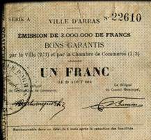 Ville d'Arras - 1 franc - Le 29 août 1914 - Série A - n°22610 - face