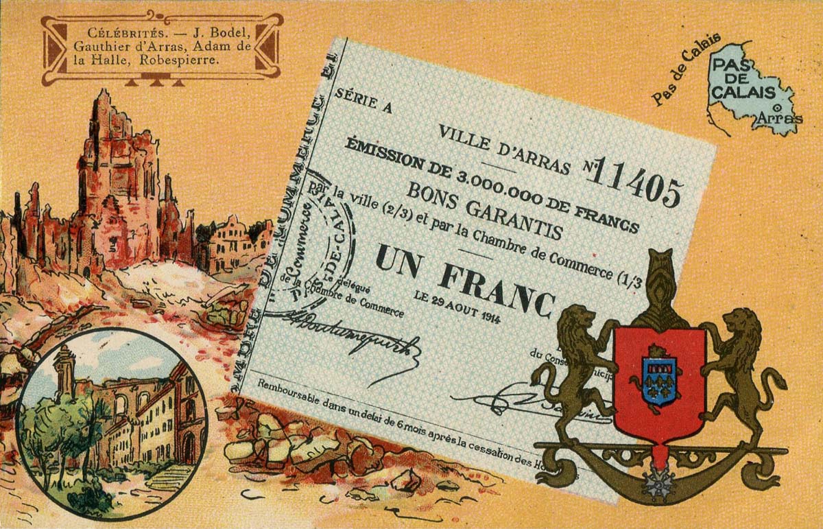Carte postale Ville d'Arras - 1 franc - Le 29 août 1914 - Série A - n°11405