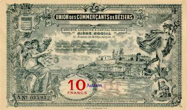 Bon de 10 francs - Série A - N° 035,932 - Union des Commerçants de Béziers (Hérault - 34) - face