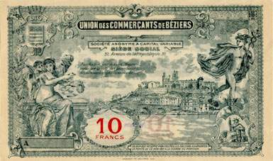 Bon de 10 francs - Série A - N° 035,932 - Union des Commerçants de Béziers (Hérault - 34) - dos