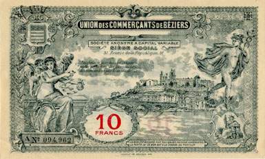 Bon de 10 francs - Srie A - N 094,962 - Union des Commerants de Bziers (Hrault - 34) - face