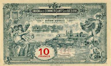 Bon de 10 francs - Série A - N° 094,962 - Union des Commerçants de Béziers (Hérault - 34) - dos
