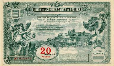 Bon de 20 francs - Srie C - N 013,872 - Union des Commerants de Bziers (Hrault - 34) - face