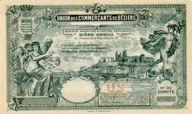 Bon de 20 francs - Série C - N° 013,872 - Union des Commerçants de Béziers (Hérault - 34) - dos
