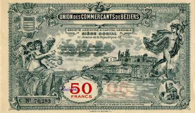 Bon de 50 francs - Série C - N° 70,283 - Union des Commerçants de Béziers (Hérault - 34) - face