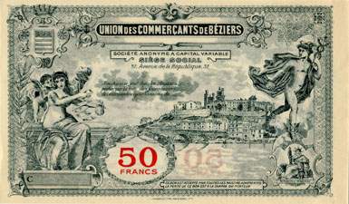 Bon de 50 francs - Série C - N° 70,283 - Union des Commerçants de Béziers (Hérault - 34) - dos