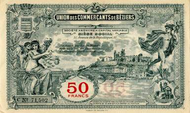Bon de 50 francs - Série C - N° 71,502 - Union des Commerçants de Béziers (Hérault - 34) - face