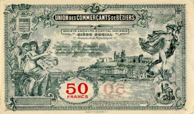 Bon de 50 francs - Série C - N° 71,502 - Union des Commerçants de Béziers (Hérault - 34) - dos