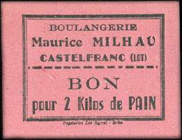 Bon pour 2 Kilos de Pain de la Boulangerie Maurice Milhau  Castelfranc (Lot - 46) - face