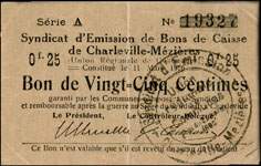 Bon de 25 centimes - Série A - numéro 19327 du Syndicat d'émission des Bons de Caisse constitué le 11 mars 1916 - 51 communes - face