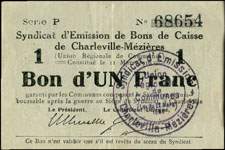 Bon de 1 franc - Série P - numéro 68654 du Syndicat d'émission des Bons de Caisse constitué le 11 mars 1916 - 51 communes - face