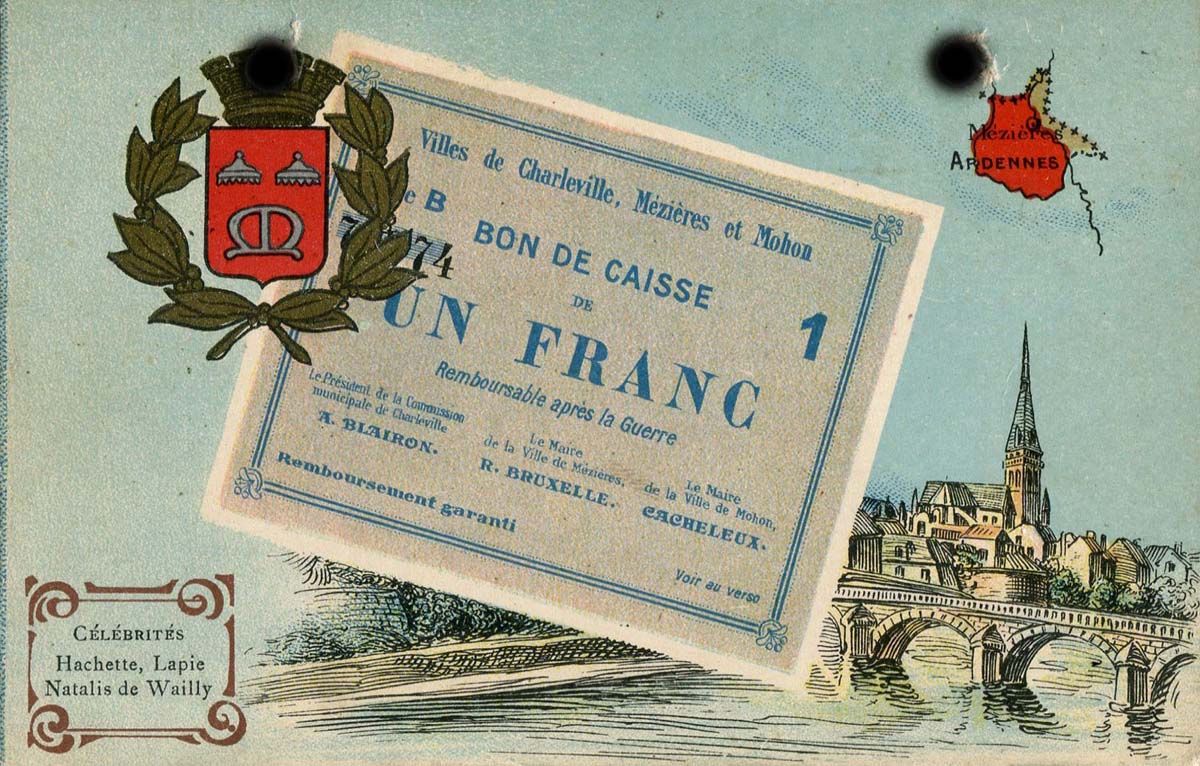 Carte postale représentant un bon de caisse de 1 franc de Charleville-Mézières