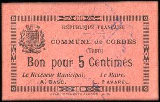 Bon pour 5 centimes - Commune de Cordes - Cordes (Tarn - 81) - face
