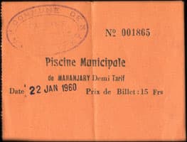 Piscine Municipale de Mananjary - Billet demi-tarif de 15 francs le 22 janvier 1960